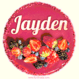 Beautifully decorated red velvet berry birthday cake with vibrant fruits and a glowing 'Jayden' name, adding a touch of sweetness and sparkle.