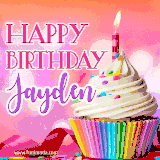 A vibrant birthday GIF featuring a rainbow-colored cupcake topped with white frosting, sprinkles, and a lit candle. The text reads 'Happy Birthday Jayden' in bold pink and violet letters with white outline.