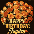 Beautiful bouquet of orange and red roses for Jayden, golden inscription and twinkling stars