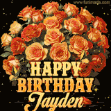 Animated bouquet of orange roses with moving butterfles and golden 'Happy Birthday Jayden' text, surrounded by sparkling accents and a dark backdrop for a luxurious feel.