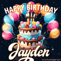 Hand-drawn happy birthday cake adorned with an arch of colorful balloons - name GIF for Jayden
