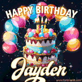 Bright birthday animation for Jayden with a chocolate cake, candles, balloons, and glowing celebratory lights.