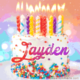 A cheerful white birthday cake with multicolor sprinkles, lit candles, and 'Jayden' written in vibrant letters, in an animated GIF.