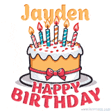 Cartoon birthday cake with a red bow, glowing candles, and 'Jayden Happy Birthday' text in bold animated style.