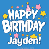 Colorful animated birthday card with the text 'HAPPY BIRTHDAY Jayden!' in a white playful font surrounded by stars, hearts, and a party hat on a blue background.