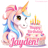 An adorable animated unicorn with soft pastel colors sits beside a birthday cake with glowing candles, and a pink 'Happy Birthday Jayden!' words.