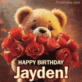 Cinematic style cute animated teddy bear with charming features holding a large bouquet of red roses, the words say 'Happy Birthday Jayden' in sans serif font.