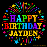 Personalized greeting card with name, colorful text that says 'Happy Birthday Jayden' surrounded by animated fireworks and multicolor stars