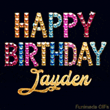 Vibrant luxury birthday greeting card for Jayden, showing glittering gemstone letters and golden calligraphy on a dark background with twinkling shine effects.