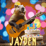 Animated birthday GIF showing a capybara playing guitar and singing beside a birthday cake with the name Jayden in large letters and colorful bokeh lights in the background.