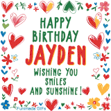 A colorful animated card for Jayden’s birthday featuring playful hearts, cheerful flowers, and a handwritten message wishing smiles and sunshine.