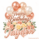 Pastel metallic balloons and rose bouquet Happy Birthday Jayden GIF