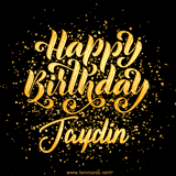 Animated GIF with colorful, festive 'Happy Birthday Jaydin' text decorated with patterns, a party hat, and falling confetti. A vibrant and cheerful design for birthday celebrations.