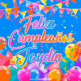A vibrant animated GIF with 'Feliz Cumpleaños Jaydin' written in colorful script, surrounded by balloons, confetti, and bunting on a bright blue background.