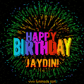 A colorful animated GIF featuring the text 'Happy Birthday Jaydin!' in rainbow colors with a dynamic iridescent firework display in the background.