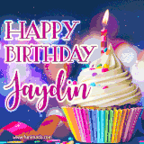 A festive animated GIF featuring a colorful cupcake with a single lit candle, sprinkles, and 'Happy Birthday Jaydin' text against a sparkling, celebratory background.