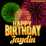 A captivating GIF with bursts of green, pink, and orange fireworks lighting up the night sky, accompanied by 'Happy Birthday Jaydin' in glowing golden text.