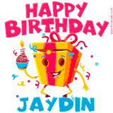 A funny animated birthday GIF with the words 'Happy Birthday Jaydina', colorful gift box with arms and legs, holding a cupcake with a lit candle  with confetti everywhere.