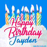 A cheerful animated GIF featuring colorful lit birthday candles on a white cake, with the text 'Happy Birthday Jaydon' in bold red and blue script on a bright blue background.