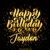 Animated GIF with colorful, festive 'Happy Birthday Jaydon' text decorated with patterns, a party hat, and falling confetti. A vibrant and cheerful design for birthday celebrations.
