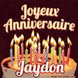 A Happy Birthday GIF in French featuring a festive birthday cake adorned with bright candles and the glowing text 'Joyeux Anniversaire Jaydon' in a cheerful style.