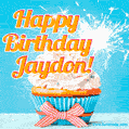 A cheerful animated GIF of a cupcake with creamy frosting, a red checkered ribbon, and a bright sparkler on top. The text 'Happy Birthday Jaydon!' is displayed in vibrant orange and red.