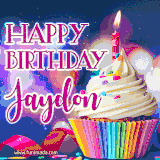 A festive animated GIF featuring a colorful cupcake with a single lit candle, sprinkles, and 'Happy Birthday Jaydon' text against a sparkling, celebratory background.