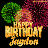 A captivating GIF with bursts of green, pink, and orange fireworks lighting up the night sky, accompanied by 'Happy Birthday Jaydon' in glowing golden text.