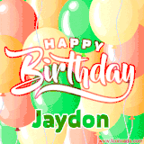 Animated GIF featuring colorful balloons in the background with the cheerful text 'Happy Birthday Jaydon'.