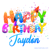 Animated GIF with colorful, festive 'Happy Birthday Jaydon' text decorated with patterns, a party hat, and falling confetti. A vibrant and cheerful design for birthday celebrations.