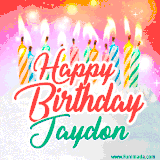 Bright birthday candles with rainbow flames on a cake, alongside the text 'Happy Birthday Jaydon' in vibrant script in this celebratory animated GIF.