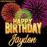 A golden 'Happy Birthday Jaydon' message with vibrant fireworks in the background, creating a festive and celebratory vibe in this animated name GIF.