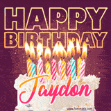 A colorful birthday cake topped with lit candles, with the words 'Happy Birthday Jaydon' in bold glowing letters on a burgundy background. Animated flames add a festive touch.