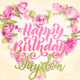 A stunning heart made of pink roses surrounds the elegant script text 'Happy Birthday Jaydon' on a soft beige background. Animated sparkles add a magical and festive feel.