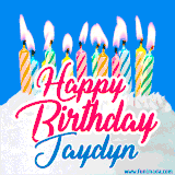 A cheerful animated GIF featuring colorful lit birthday candles on a white cake, with the text 'Happy Birthday Jaydyn' in bold red and blue script on a bright blue background.