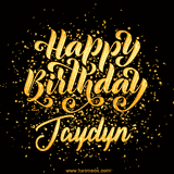 Animated GIF with colorful, festive 'Happy Birthday Jaydyn' text decorated with patterns, a party hat, and falling confetti. A vibrant and cheerful design for birthday celebrations.