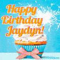 A cheerful animated GIF of a cupcake with creamy frosting, a red checkered ribbon, and a bright sparkler on top. The text 'Happy Birthday Jaydyn!' is displayed in vibrant orange and red.