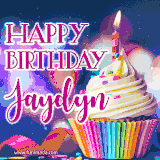 A festive animated GIF featuring a colorful cupcake with a single lit candle, sprinkles, and 'Happy Birthday Jaydyn' text against a sparkling, celebratory background.