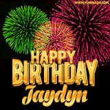 A captivating GIF with bursts of green, pink, and orange fireworks lighting up the night sky, accompanied by 'Happy Birthday Jaydyn' in glowing golden text.