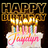 A vibrant animated GIF featuring a delicious birthday cake topped with glowing candles and the name 'Jaydyn' in elegant script, and the words 'Happy Birthday' on the black background.
