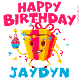 A funny animated birthday GIF with the words 'Happy Birthday Jaydyna', colorful gift box with arms and legs, holding a cupcake with a lit candle  with confetti everywhere.