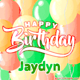 Animated GIF featuring colorful balloons in the background with the cheerful text 'Happy Birthday Jaydyn'.