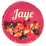 Beautifully decorated red velvet berry birthday cake with vibrant fruits and a glowing 'Jaye' name, adding a touch of sweetness and sparkle.