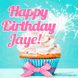 A festive cupcake with pink icing, a gingham bow, and a lit animated sparkler, paired with 'Happy Birthday Jaye!' in bright pink text.