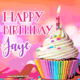A vibrant birthday GIF featuring a rainbow-colored cupcake topped with white frosting, sprinkles, and a lit candle. The text reads 'Happy Birthday Jaye' in bold pink and violet letters with white outline.