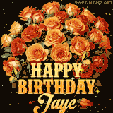 Animated bouquet of orange roses with moving butterfles and golden 'Happy Birthday Jaye' text, surrounded by sparkling accents and a dark backdrop for a luxurious feel.