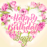A stunning heart made of pink roses surrounds the elegant script text 'Happy Birthday Jaye' on a soft beige background. Animated sparkles add a magical and festive feel.