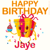A vibrant and funny gift box character with a happy face dancing with a cupcake and the text 'Happy Birthday Jaye,' surrounded by animated confetti and party vibes.