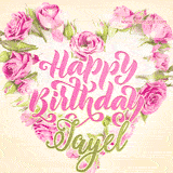 A stunning heart made of pink roses surrounds the elegant script text 'Happy Birthday Jayel' on a soft beige background. Animated sparkles add a magical and festive feel.