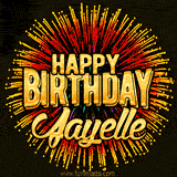 Golden 'Happy Birthday Jayelle' text accompanied by animated rainbow fireworks for a festive animated greeting.